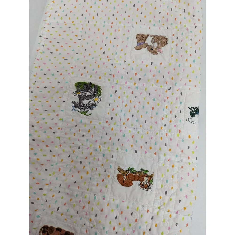 37x40 Baby Quilt Lap Blanket white orange embroidered woodland creatures cottage